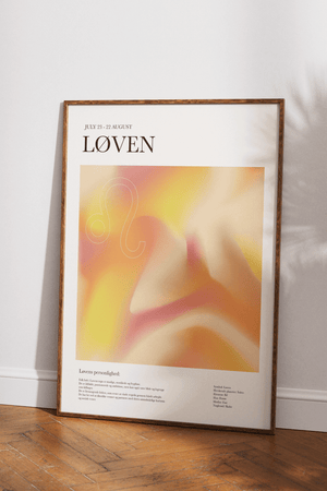 Farverig plakat med løven stjernetegn – moderne og kunstnerisk illustration i varme farver.