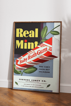 Vintage plakat med Baby Ruth tyggegummi, mintblade og retro tekst – amerikansk reklame fra Curtiss Candy Co