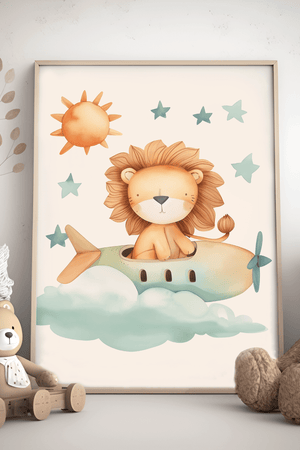 Lion in a Green Plane - Børneplakat | Sjov & Eventyrlig Vægkunst