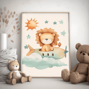 Lion in a Green Plane - Børneplakat | Sjov & Eventyrlig Vægkunst