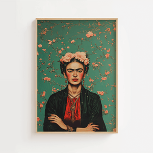Frida Kahlo plakat med grøn baggrund og lyserøde blomster