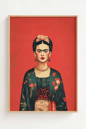 Frida Kahlo plakat med rød baggrund og grøn kimono med blomster