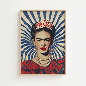 Frida Kahlo plakat med blå og hvide stråler i baggrunden