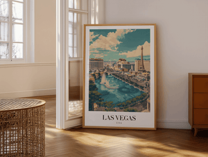 Las Vegas plakat med skyline, The Strip og Bellagio-fontæner – farverig USA byplakat.