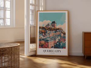 Smuk Quebec City plakat med ikoniske bygninger og farverige tage. Perfekt rejseplakat til dit hjem.