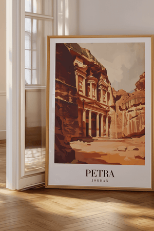 Petra Jordan byplakat med klippetempel – rejseplakat med oldtidsstemning.