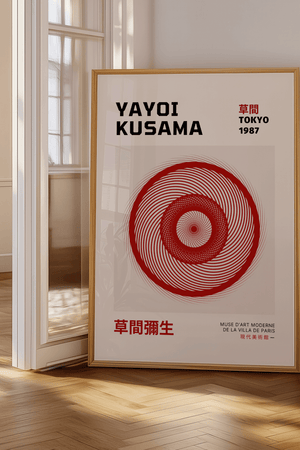 Red Circle – Yayoi Kusama plakat med røde cirkler i hypnotisk grafisk mønster – moderne kunstplakat i minimalistisk stil.
