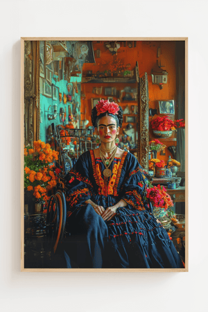 Frida Kahlo plakat – Blomster i håret & blå kjole | Fra 99,-

