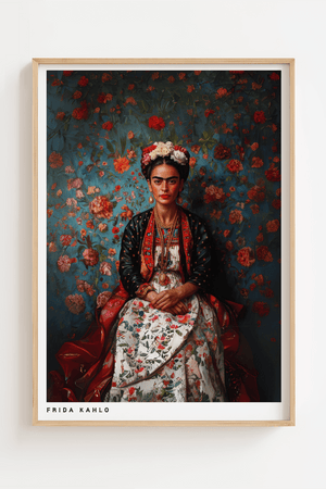 Frida Kahlo plakat med blomstrende rosenbaggrund og farverigt design