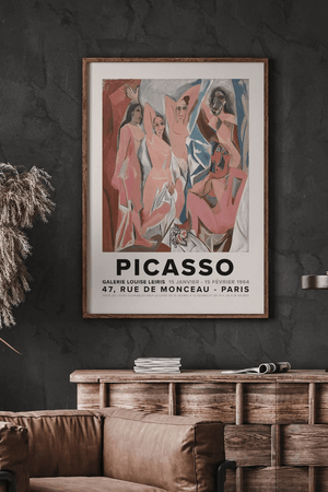 Farverig Picasso plakat med Les Demoiselles d'Avignon motiv i kubistisk stil og fransk udstillingstekst.