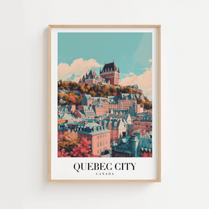 Smuk Quebec City plakat med ikoniske bygninger og farverige tage. Perfekt rejseplakat til dit hjem.