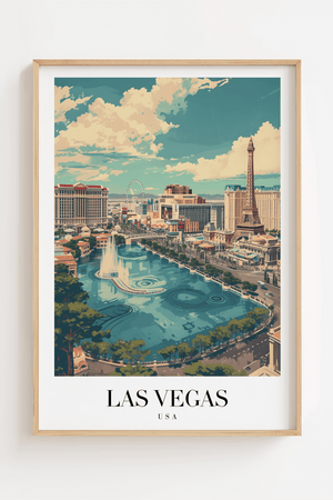 Las Vegas plakat med skyline, The Strip og Bellagio-fontæner – farverig USA byplakat.