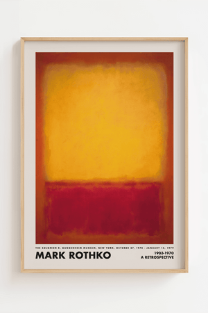 Abstrakt plakat i varme røde og gule farver inspireret af Mark Rothkos farvefelter, perfekt til moderne indretning og billedvægge.