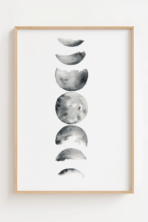 Månefaser plakat i sort-hvidt minimalistisk design med illustration af månens forskellige faser