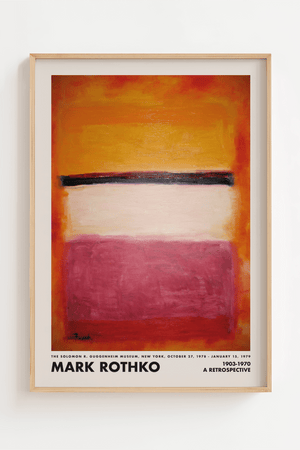 Abstrakt plakat med varme orange og røde farvefelter, lyst midterfelt og mørk vandret linje inspireret af Mark Rothkos farvekompositioner.
