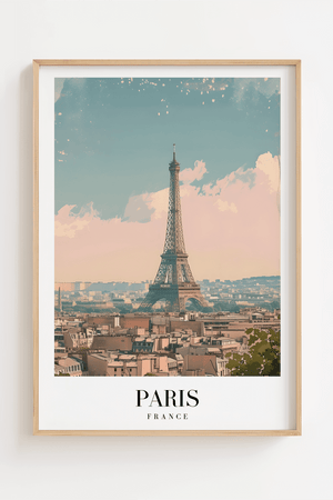 Paris byplakat med Eiffeltårnet og byens tage i bløde farver.