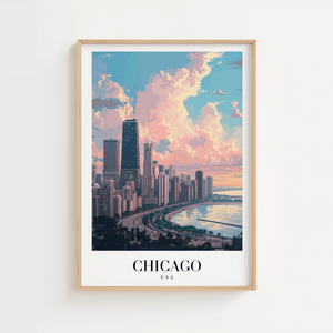 Chicago Skyline plakat med udsigt over byen og Lake Michigan – moderne byplakat fra USA.