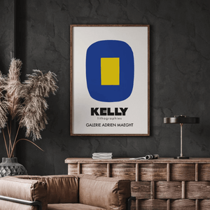 Ellsworth Kelly plakat med blå og gul abstrakt form – moderne kunstplakat i grafisk stil.

