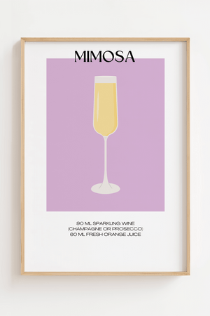 Illustreret Mimosa plakat med lysegul cocktail i champagneglas på lilla baggrund – perfekt til køkkenet eller baren.

