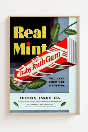 Vintage plakat med Baby Ruth tyggegummi, mintblade og retro tekst – amerikansk reklame fra Curtiss Candy Co.
