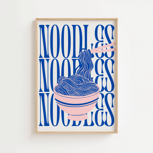 Noodles Bowl plakat med pink skål og blå nudler i grafisk pop-art design – sjov køkkenplakat til noodle lovers.