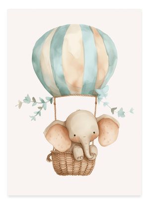 Tag på eventyr med Elefant i Luftballon - Børneplakat. En sød børneplakat, der bringer fantasi og hygge til børneværelset. Perfekt til små opdagelsesrejsende!