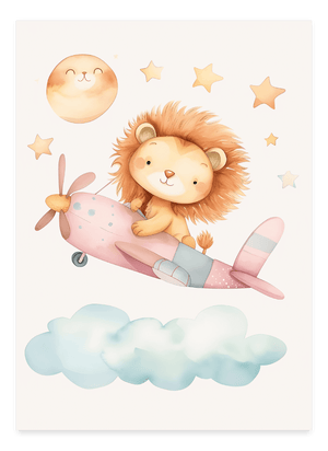 Lion in a Pink Plane - Børneplakat | Eventyrlig & Sjov Plakat