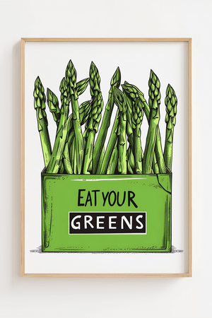 Køkkenplakat med grønne asparges og teksten "Eat Your Greens" i en træramme – sjov og farverig vægdekoration til køkkenet.