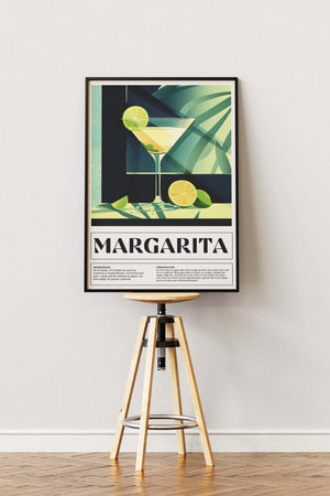 Margarita plakat med grønne nuancer og lime, opskrift nederst og tropisk stemning. Moderne retrostil.
