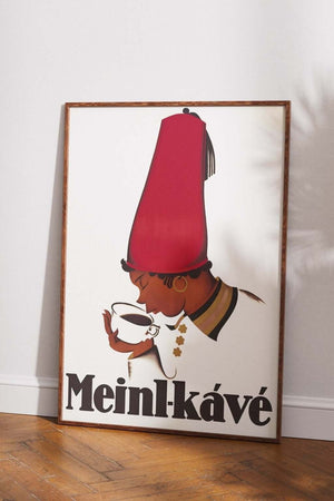 Vintage plakat med ikonisk Meinl-kávé reklame. Perfekt til kaffeelskere og retro-indretning. Fås i flere størrelser – fra kun 99,-