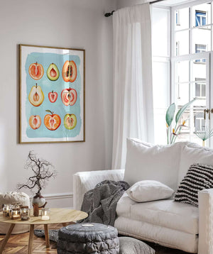 Blå vulva frugt plakat med kunstnerisk og feministisk motiv i moderne farver.