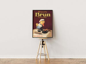 Vintage plakat med fransk kok, kaffe og kiks fra Biscuits Brun – retroreklame med teksten "En vente ici"