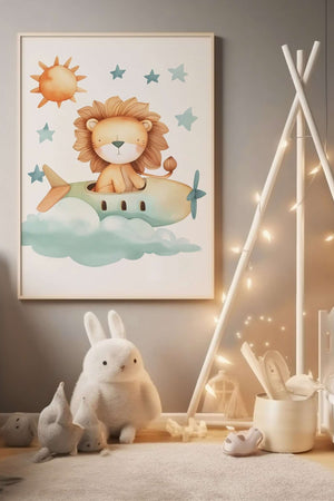 Lion in a Green Plane - Børneplakat | Sjov & Eventyrlig Vægkunst