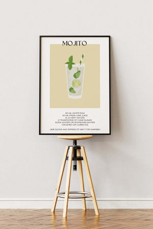 Illustreret Mojito plakat med glas, lime og mynteblade i minimalistisk design

