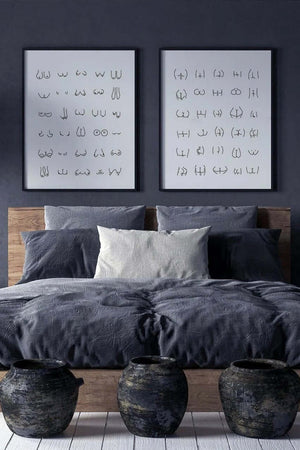 Minimalistisk plakat med håndtegnede line-art illustrationer af forskellige numseformer på hvid baggrund.