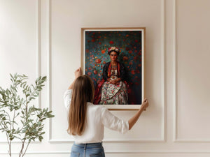 Frida Kahlo plakat med blomstrende rosenbaggrund og farverigt design
