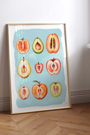 Blå vulva frugt plakat med kunstnerisk og feministisk motiv i moderne farver.