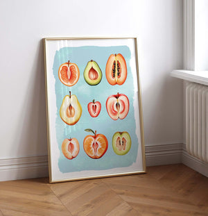 Blå vulva frugt plakat med kunstnerisk og feministisk motiv i moderne farver.