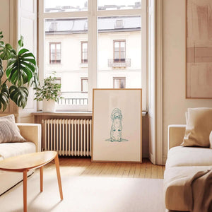 Minimalistisk plakat med sød odder iført håndklæde på neutral baggrund i roligt spa-inspireret udtryk.