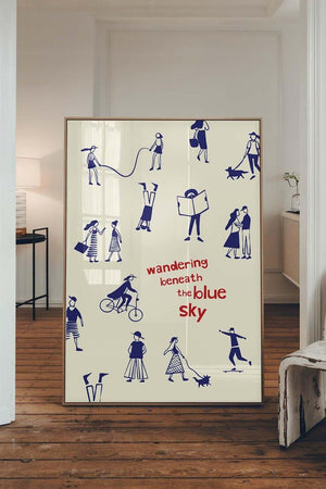 Illustreret plakat med håndtegnede mennesker i blå nuancer og teksten “Wandering Beneath the Blue Sky” på lys baggrund.