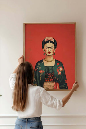 Frida Kahlo plakat med rød baggrund og grøn kimono med blomster