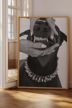 Diamond Bite – Fashion plakat med doberman, smykker og rå attitude i sort/hvid