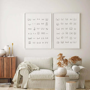 Minimalistisk plakat med håndtegnede line-art illustrationer af forskellige numseformer på hvid baggrund.