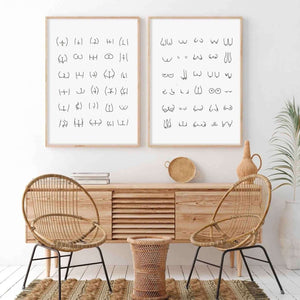 Minimalistisk plakat med håndtegnede line-art illustrationer af forskellige numseformer på hvid baggrund.