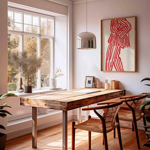 Rød figurplakat med organiske linjer og grafisk balance på lys baggrund i træramme