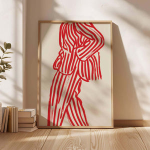 Rød figurplakat med organiske linjer og grafisk balance på lys baggrund i træramme
