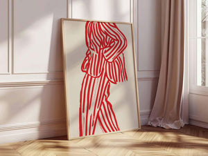 Rød figurplakat med organiske linjer og grafisk balance på lys baggrund i træramme