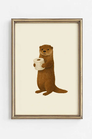 Illustration af en brun odder, der holder toiletpapir – sjov plakat til badeværelset.
