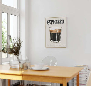 Akvarel espresso plakat med glas kaffe og teksten ‘Authentic Italian Coffee’.