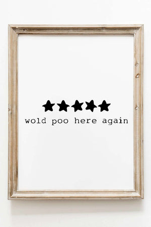 Plakat med fem sorte stjerner og teksten "Would poo here again" – sjov og minimalistisk badeværelsesplakat.